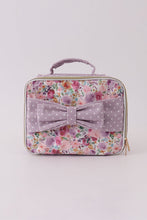 Load image into Gallery viewer, Purple floral print canvas bow lunch bag