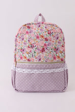 Load image into Gallery viewer, Purple floral print canvas ruffle backpack