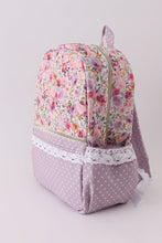 Load image into Gallery viewer, Purple floral print canvas ruffle backpack