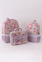 Load image into Gallery viewer, Purple floral print canvas ruffle backpack