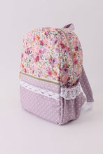 Load image into Gallery viewer, Purple floral print canvas ruffle backpack