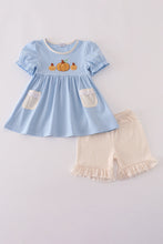 Load image into Gallery viewer, Blue pumpkin french knot ruffle shorts set