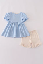 Load image into Gallery viewer, Blue pumpkin french knot ruffle shorts set