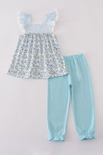 Load image into Gallery viewer, Blue bow & lace print ruffle pants set