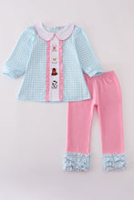 Load image into Gallery viewer, Blue farm embroidery gingham ruffle pants set