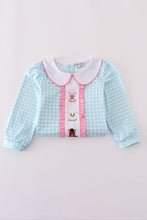 Load image into Gallery viewer, Blue farm embroidery gingham ruffle pants set