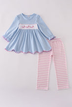 Load image into Gallery viewer, Blue airplane embroidery stripe ruffle pants set