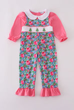 Load image into Gallery viewer, Blue christmas tree smocked ruffle jumpsuit set