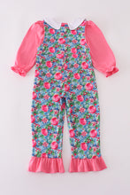 Load image into Gallery viewer, Blue christmas tree smocked ruffle jumpsuit set