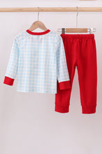 Load image into Gallery viewer, Blue car embroidery gingham pants set