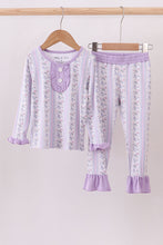 Load image into Gallery viewer, Lavender floral ruffle bamboo pajams pants set
