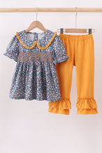 Load image into Gallery viewer, Navy floral smocked ruffle pants set