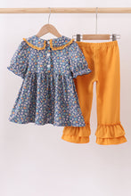 Load image into Gallery viewer, Navy floral smocked ruffle pants set