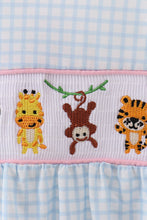 Load image into Gallery viewer, Blue animal smocked ruffle romper