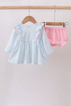 Load image into Gallery viewer, Blue animal smocked ruffle bloomer set