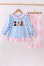 Load image into Gallery viewer, Blue puppy embroidery ruffle pants set