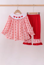 Load image into Gallery viewer, Red heart bow smocked ruffle pants set