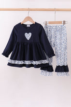 Load image into Gallery viewer, Navy heart floral applique ruffle pants set