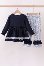 Load image into Gallery viewer, Navy heart floral applique ruffle pants set
