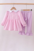 Load image into Gallery viewer, Pink puppy embroidery seersucker ruffle pants set