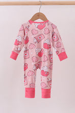Load image into Gallery viewer, Pink heart print bamboo pajama ruffle zipper romper