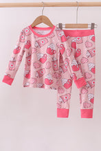 Load image into Gallery viewer, Pink heart print bamboo pajama pants set
