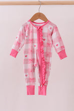 Load image into Gallery viewer, Pink heart checkered bamboo ruffle pajama zipper romper