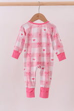 Load image into Gallery viewer, Pink heart checkered bamboo ruffle pajama zipper romper