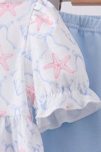 Load image into Gallery viewer, Blue starfish shell ruffle shorts set