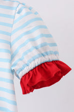 Load image into Gallery viewer, Blue stripe sports trio applique romper