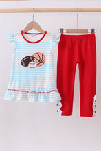 Load image into Gallery viewer, Blue stripe sports Trio applique ruffle pants set