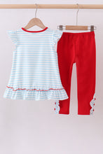 Load image into Gallery viewer, Blue stripe sports Trio applique ruffle pants set