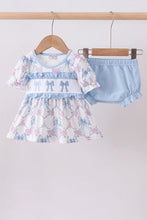 Load image into Gallery viewer, Blue bow floral smocked ruffle bloomer set