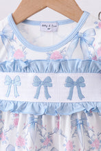 Load image into Gallery viewer, Blue bow floral smocked ruffle bloomer set