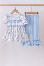 Load image into Gallery viewer, Blue bow floral smocked ruffle pants set