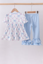 Load image into Gallery viewer, Blue bow floral smocked ruffle pants set