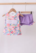 Load image into Gallery viewer, Purple floral daddy's girl smocked ruffle bloomer set
