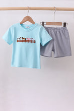 Load image into Gallery viewer, Blue farm animal embroidery shorts set