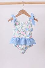 Load image into Gallery viewer, Blue floral smocked gingham one-piece swimsuit
