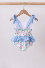 Load image into Gallery viewer, Blue floral smocked gingham one-piece swimsuit