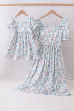 Load image into Gallery viewer, Blue floral print ruffle mom&me dress