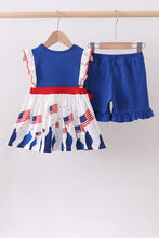Load image into Gallery viewer, Blue 1776 flag embroidery ruffle shorts set