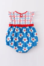 Load image into Gallery viewer, Platinum Blue & white floral print ruffle girl romper