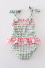 Load image into Gallery viewer, Green seersucker gingham one-piece girl swimsuit