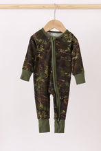 Load image into Gallery viewer, Forest Leaf Camo bamboo zipper romper
