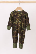 Load image into Gallery viewer, Forest Leaf Camo bamboo zipper romper
