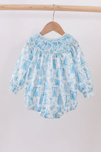 Load image into Gallery viewer, Blue snowman christmas tree smocked bubble
