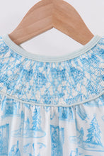 Load image into Gallery viewer, Blue snowman christmas tree smocked bubble
