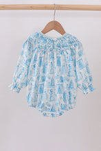 Load image into Gallery viewer, Blue snowman christmas tree smocked bubble
