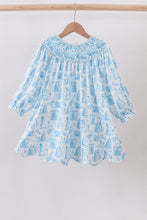 Load image into Gallery viewer, Blue snowman christmas tree smocked dress
